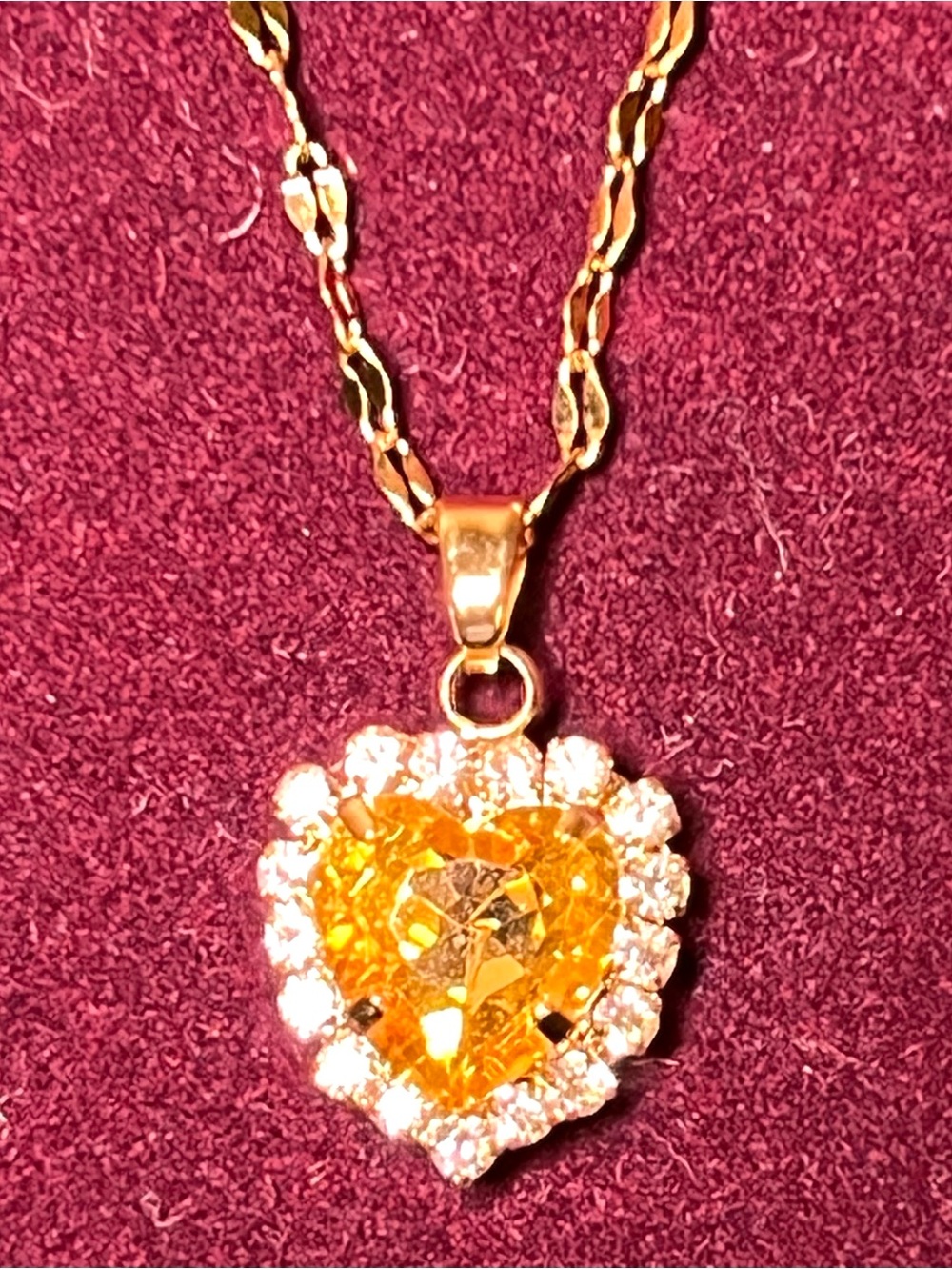 Gold Heart Pendant Necklace with Citrine Surrounded by Crystal Accent Stones